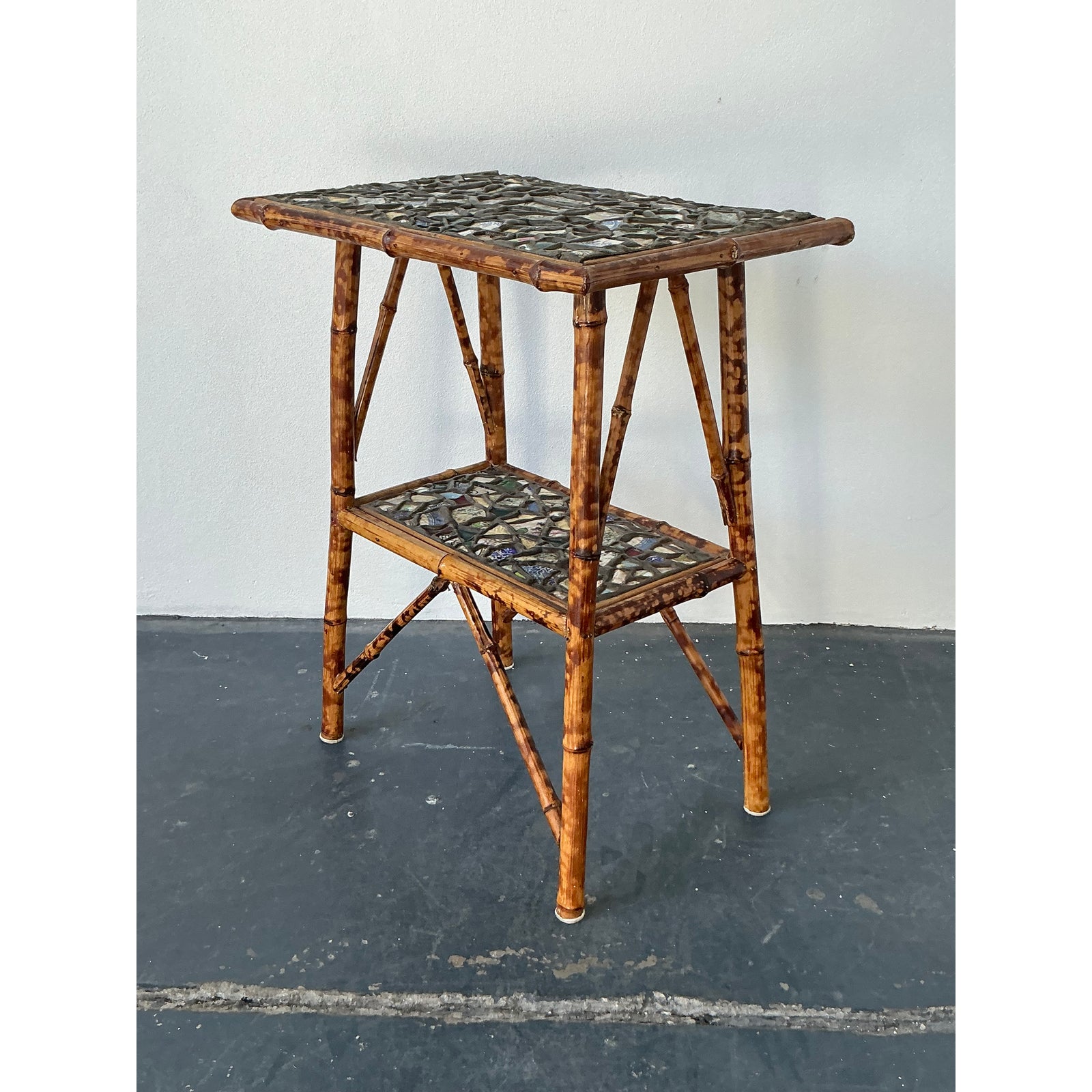 Vintage Boho China Mosaic Bamboo Side Table - Top view
