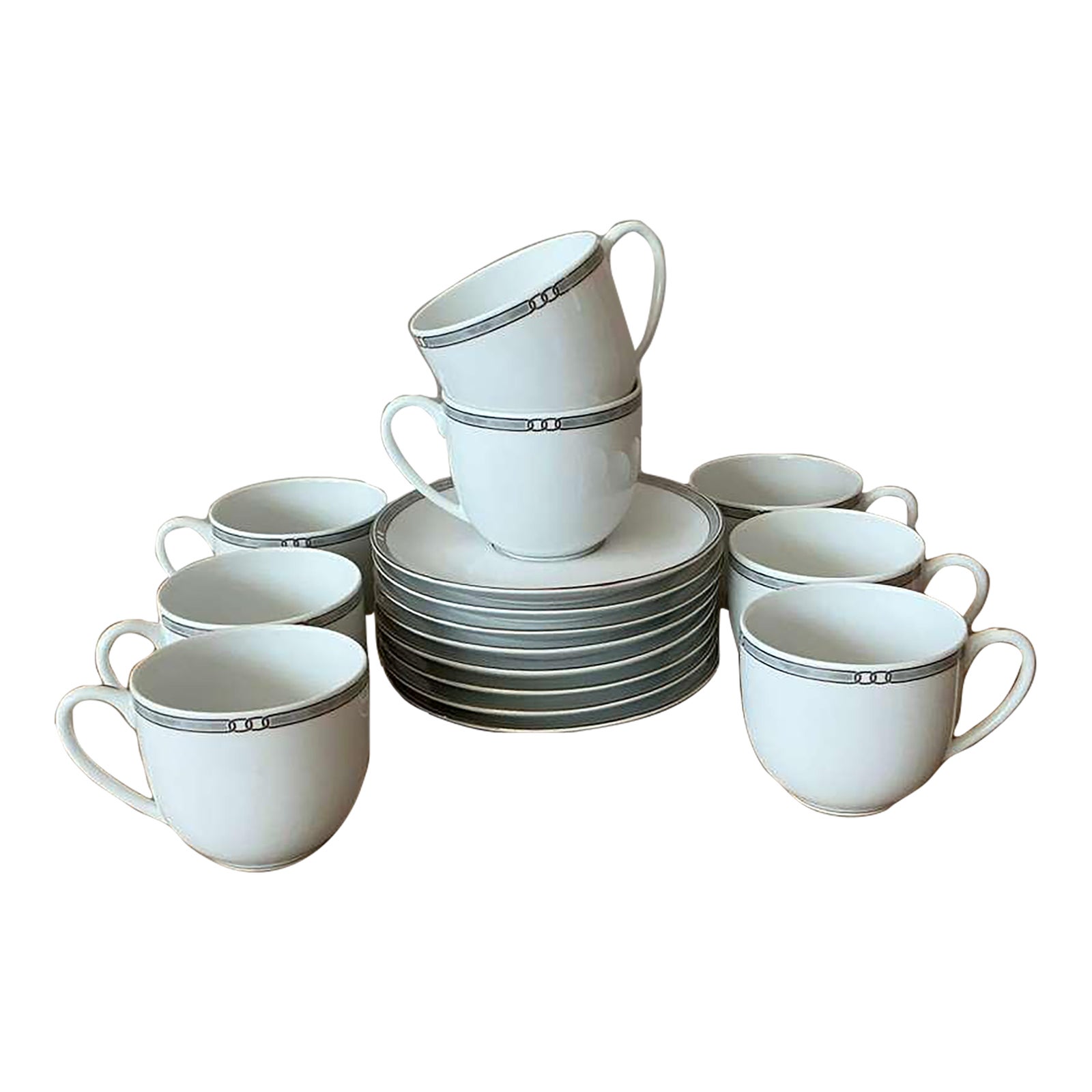 Vintage Boho Christofle "Alliance Grey" Tea Cups With Saucers - Set of 8