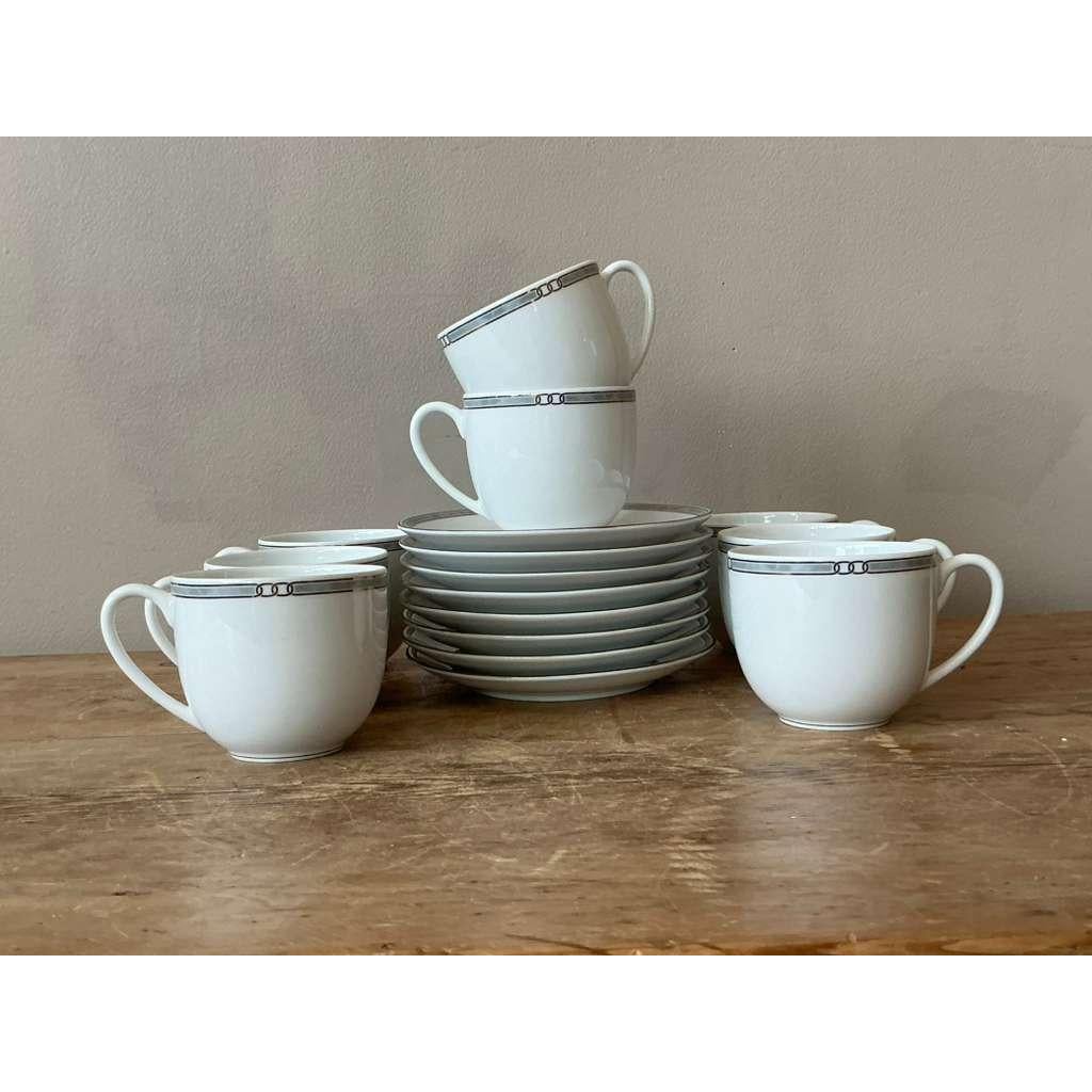 Vintage Boho Christofle "Alliance Grey" Tea Cups With Saucers - Set of 8 - Side view