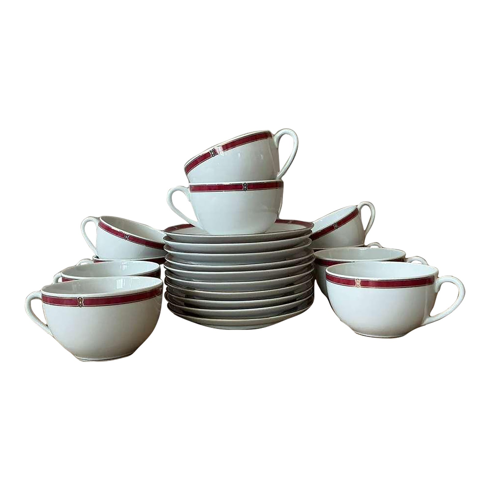 Vintage Boho Christofle "Oceana Red" Tea Cups With Saucers - Set of 11
