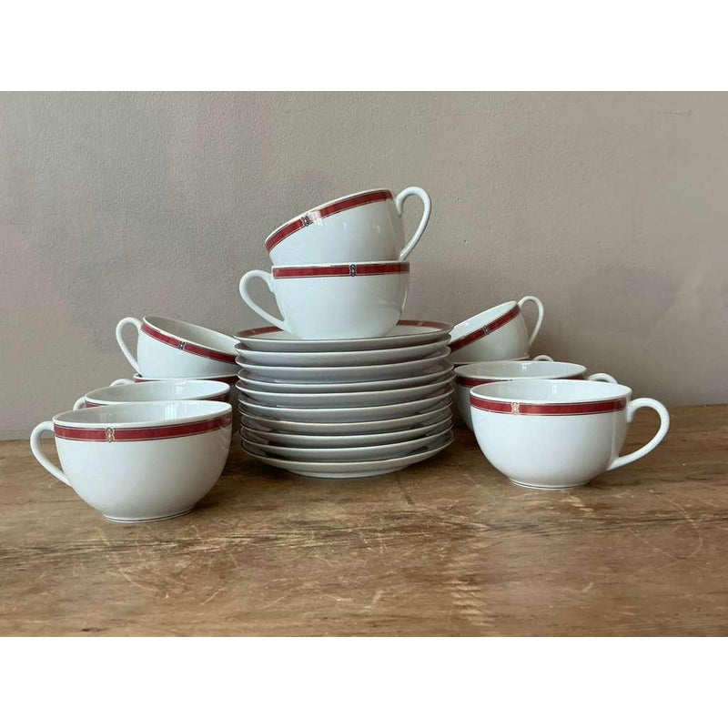 Vintage Boho Christofle "Oceana Red" Tea Cups With Saucers - Set of 11 - Side view
