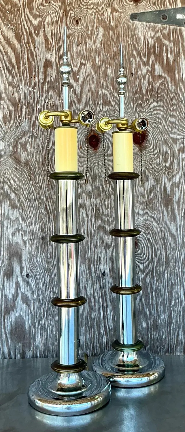 Vintage Boho Chrome and Brass Pillar - A Pair - Side view