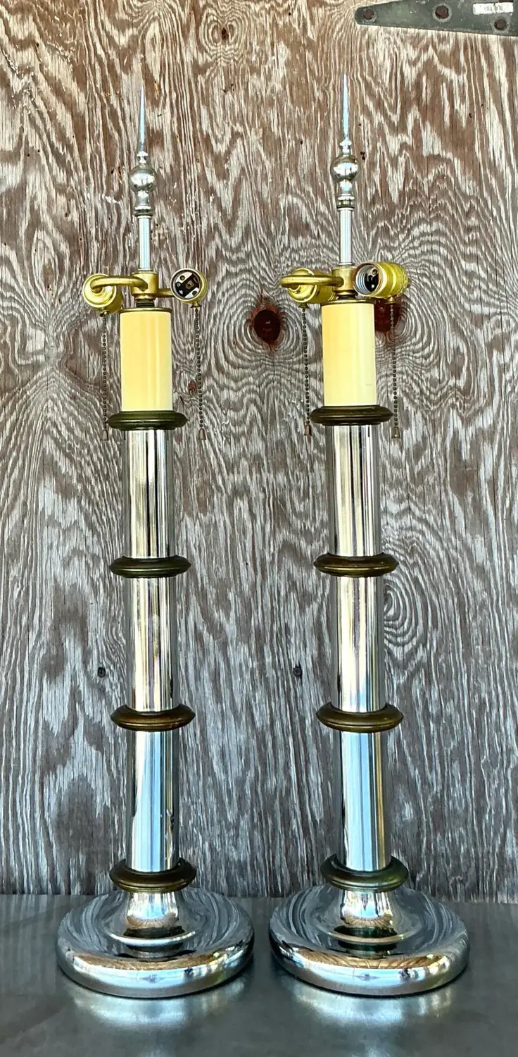 Vintage Boho Chrome and Brass Pillar - A Pair - Top view