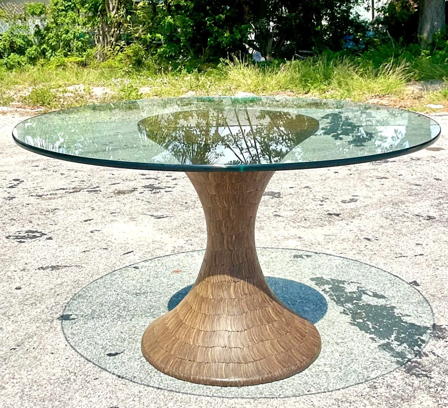 Vintage Boho Coconut Shell Pedestal Dining Table - Detail view