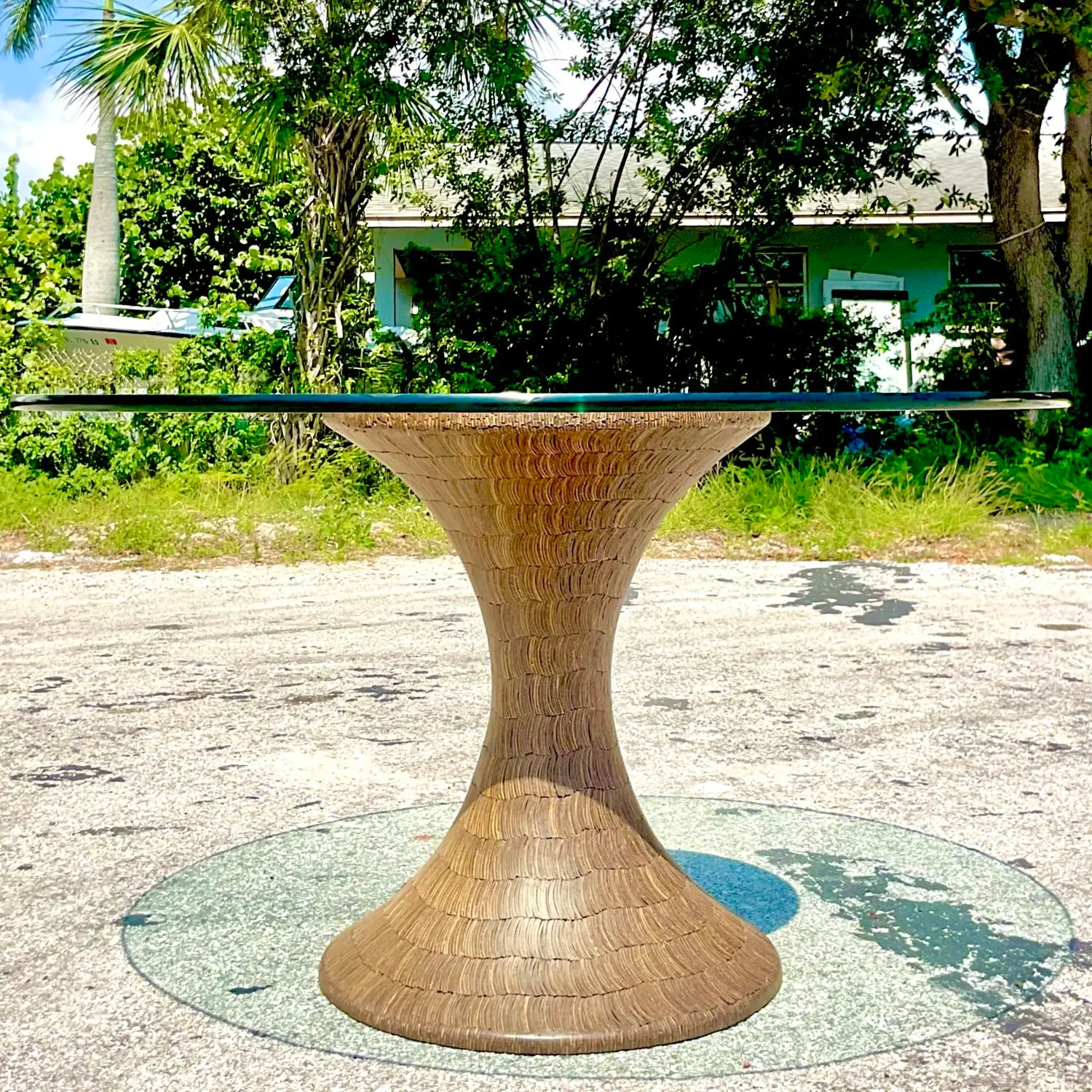 Vintage Boho Coconut Shell Pedestal Dining Table - Top view