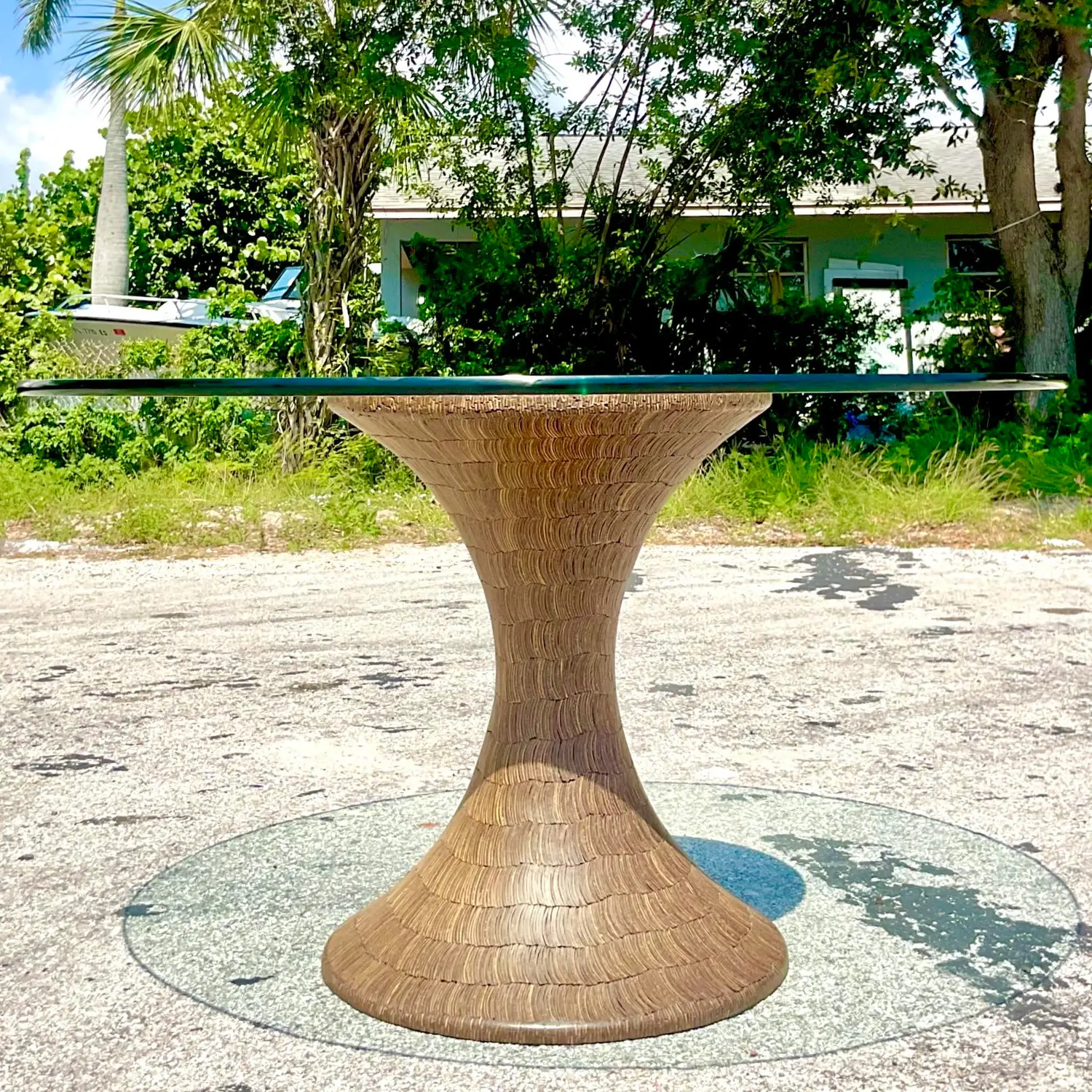 Vintage Boho Coconut Shell Pedestal Dining Table - Back view