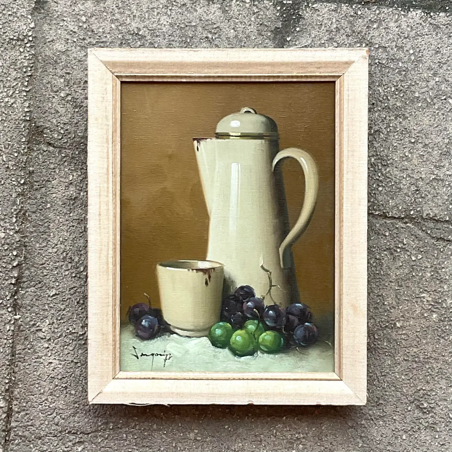 Vintage Boho Coffee Pot Still Life Original Oil on Canvas Painting - Top view