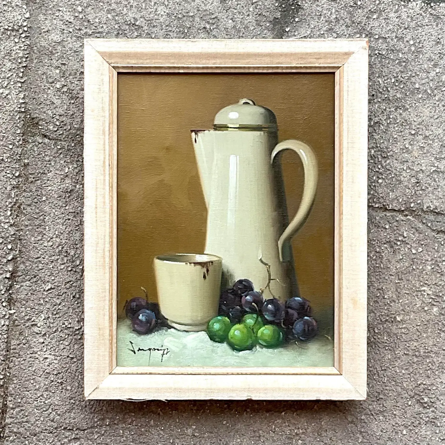 Vintage Boho Coffee Pot Still Life Original Oil on Canvas Painting - Detail view