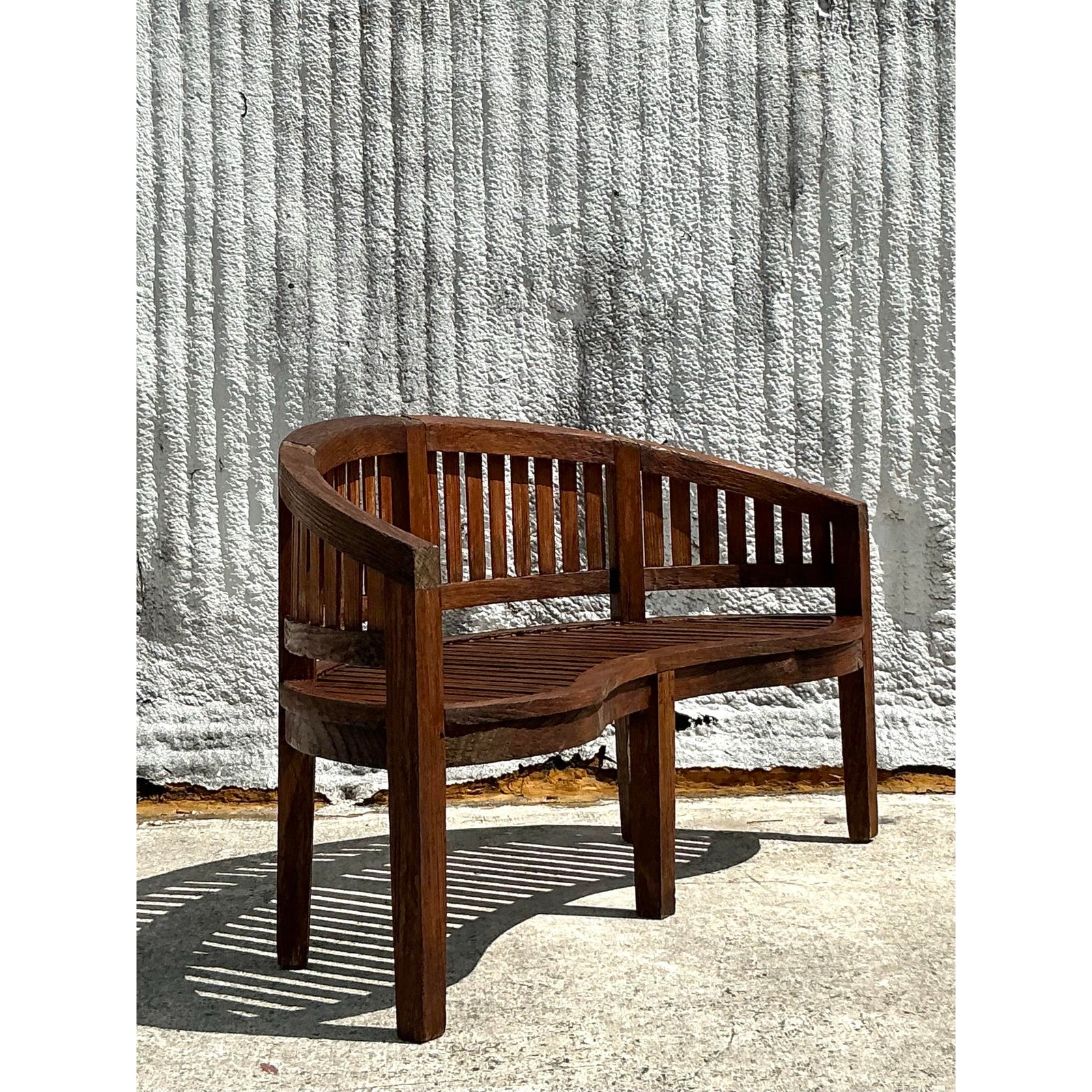 Vintage Boho Curved Teak Bench - Top view