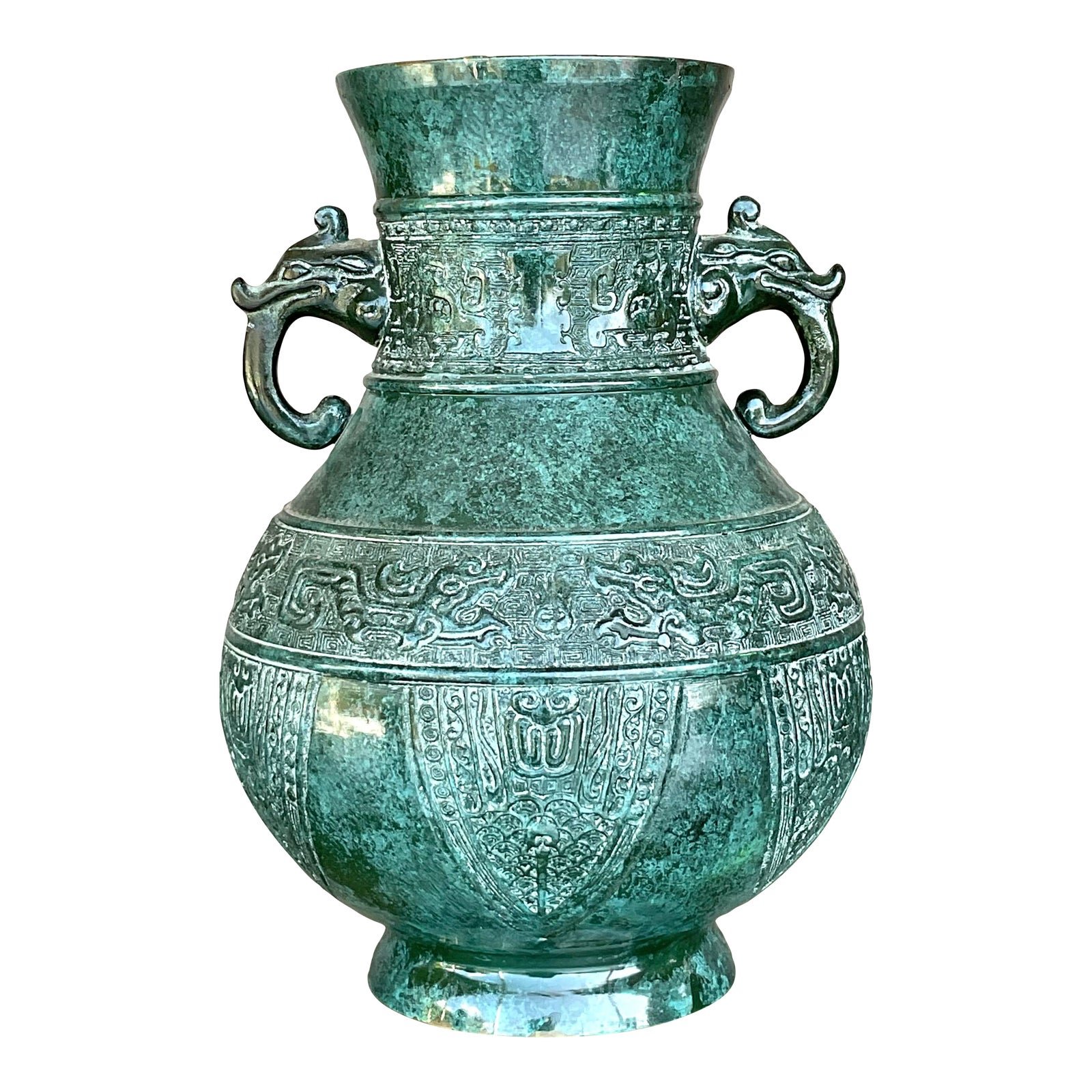 Vintage Boho Double Elephant Patinated Metal Vase