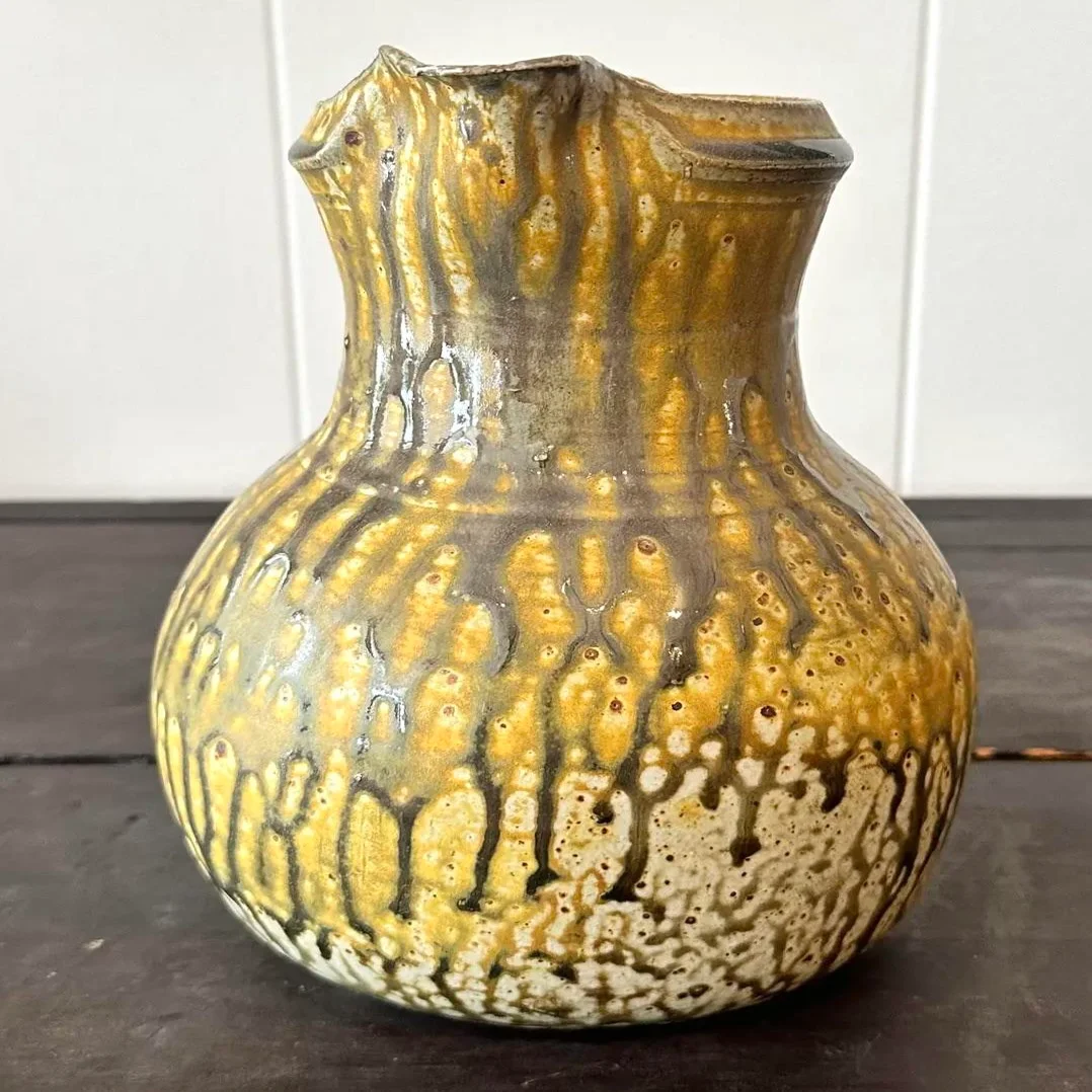 Vintage Boho Double Glaze Studio Pottery Pitcher - Top view