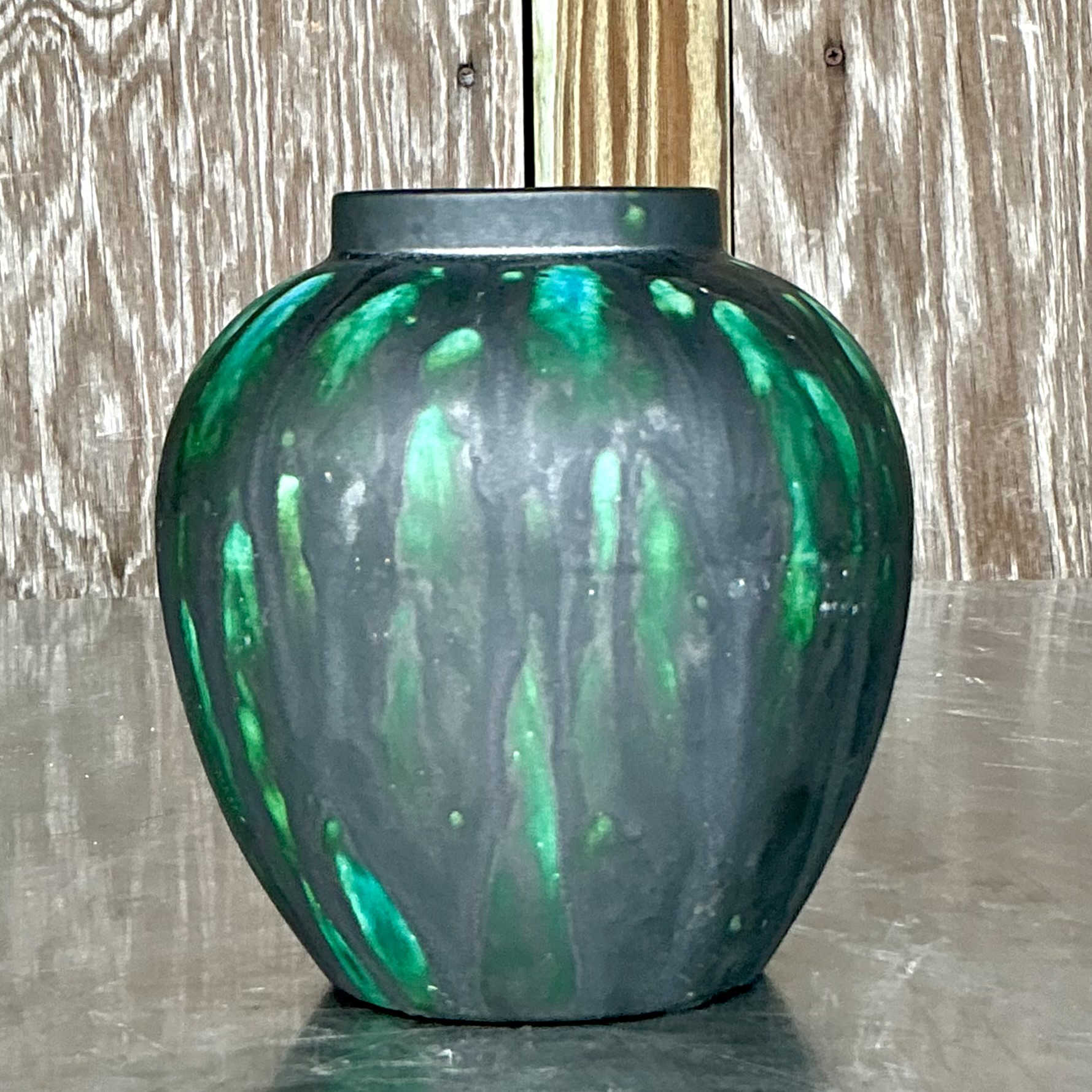 Vintage Boho Drip Glaze Pottery Vase - Top view