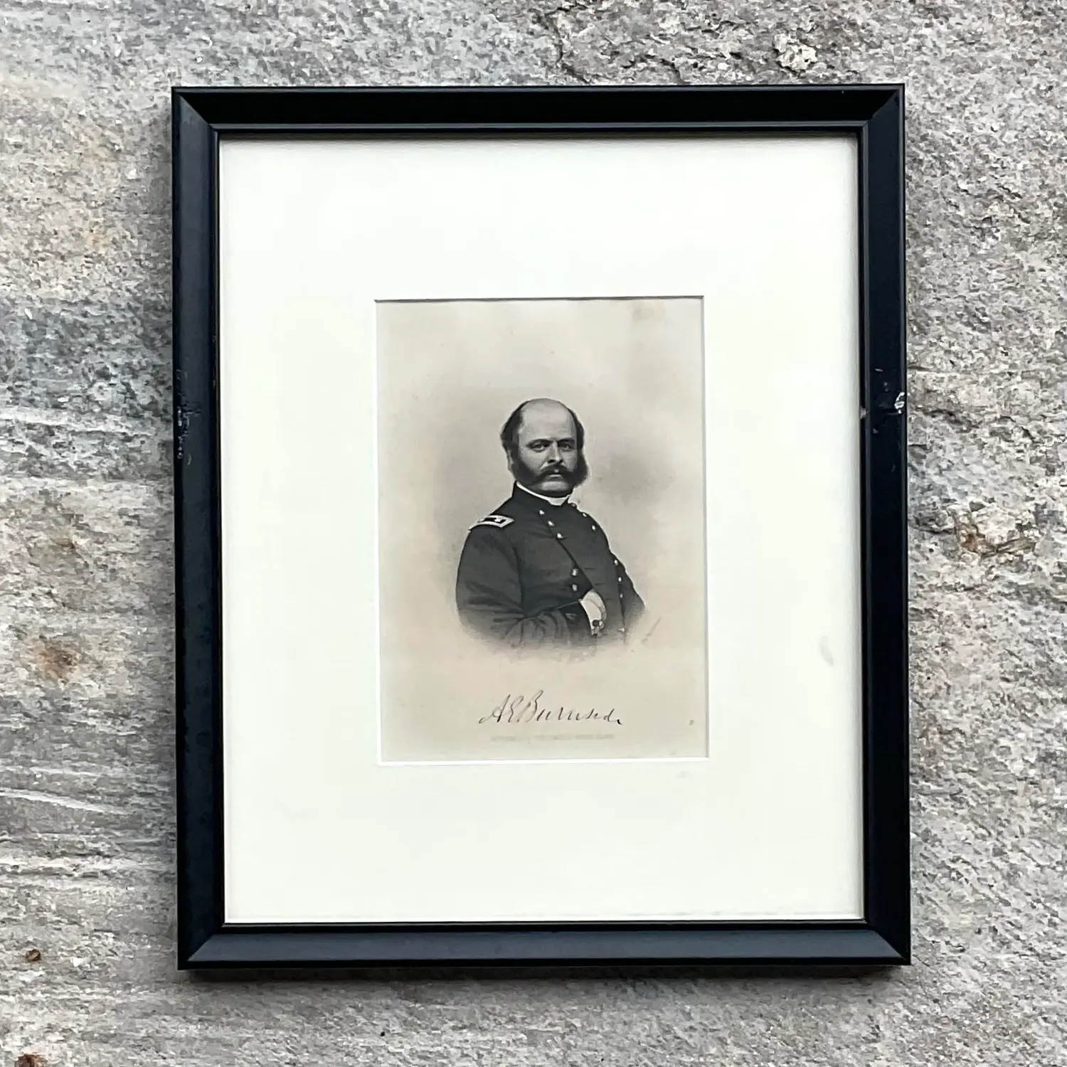 Vintage Boho Engraving Print of Military Man, Framed - Back view