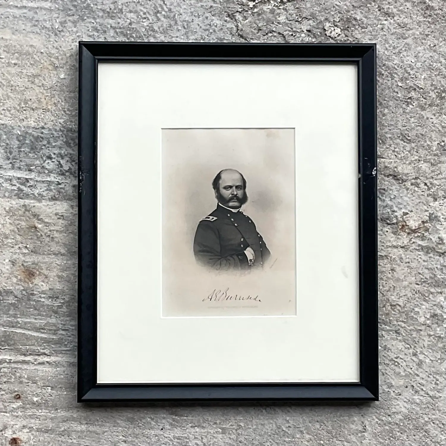 Vintage Boho Engraving Print of Military Man, Framed - Side view