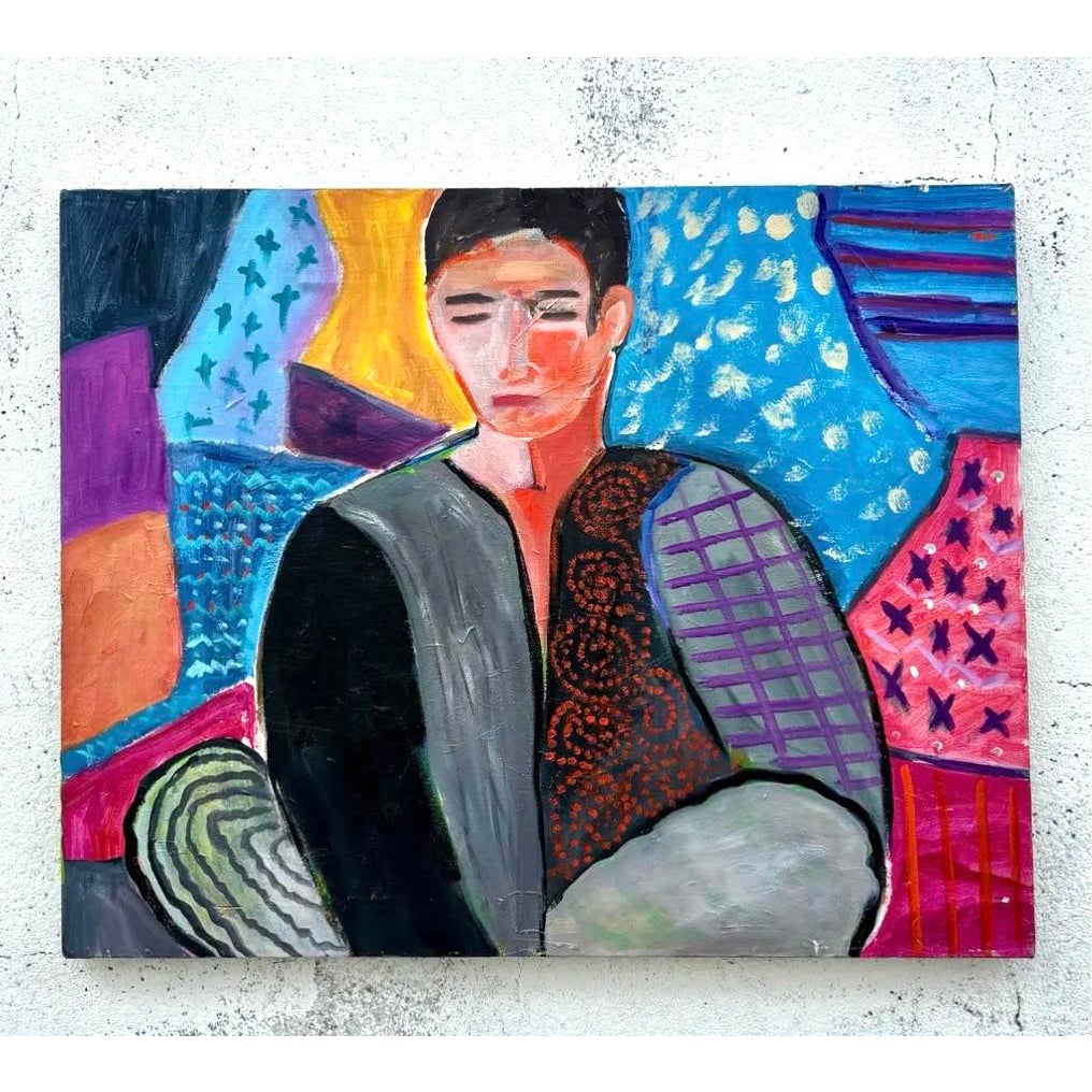 Vintage Boho Fauvist Portrait Painting on Canvas - Detail view