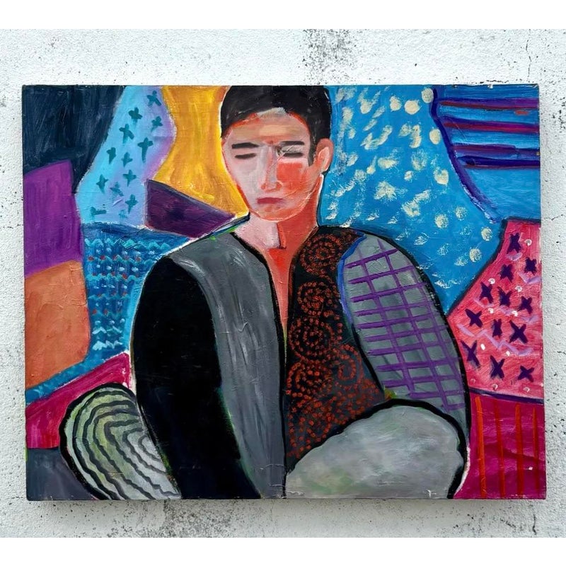 Vintage Boho Fauvist Portrait Painting on Canvas - Side view