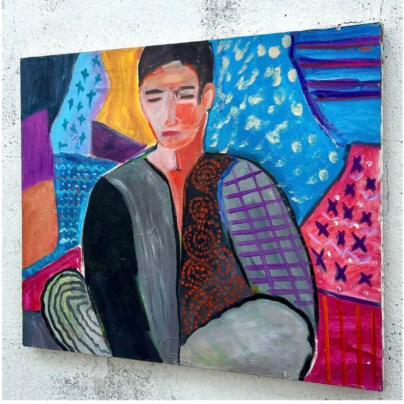Vintage Boho Fauvist Portrait Painting on Canvas - Back view