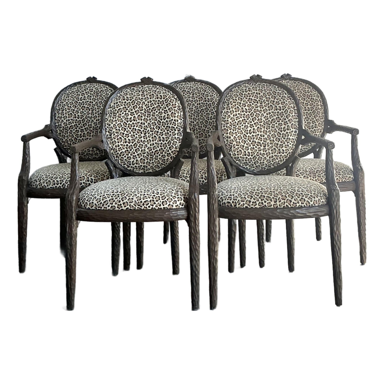 Vintage Boho Faux Bois Leopard Dining Chairs - Set of 5