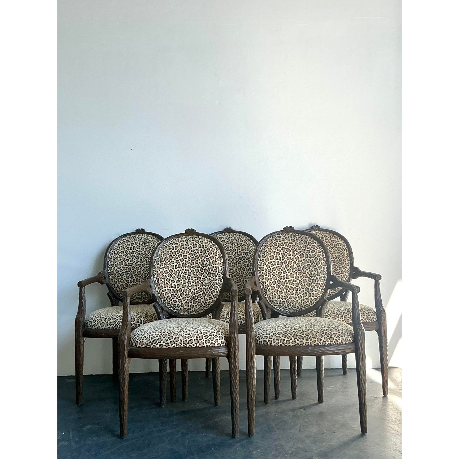 Vintage Boho Faux Bois Leopard Dining Chairs - Set of 5 - Side view