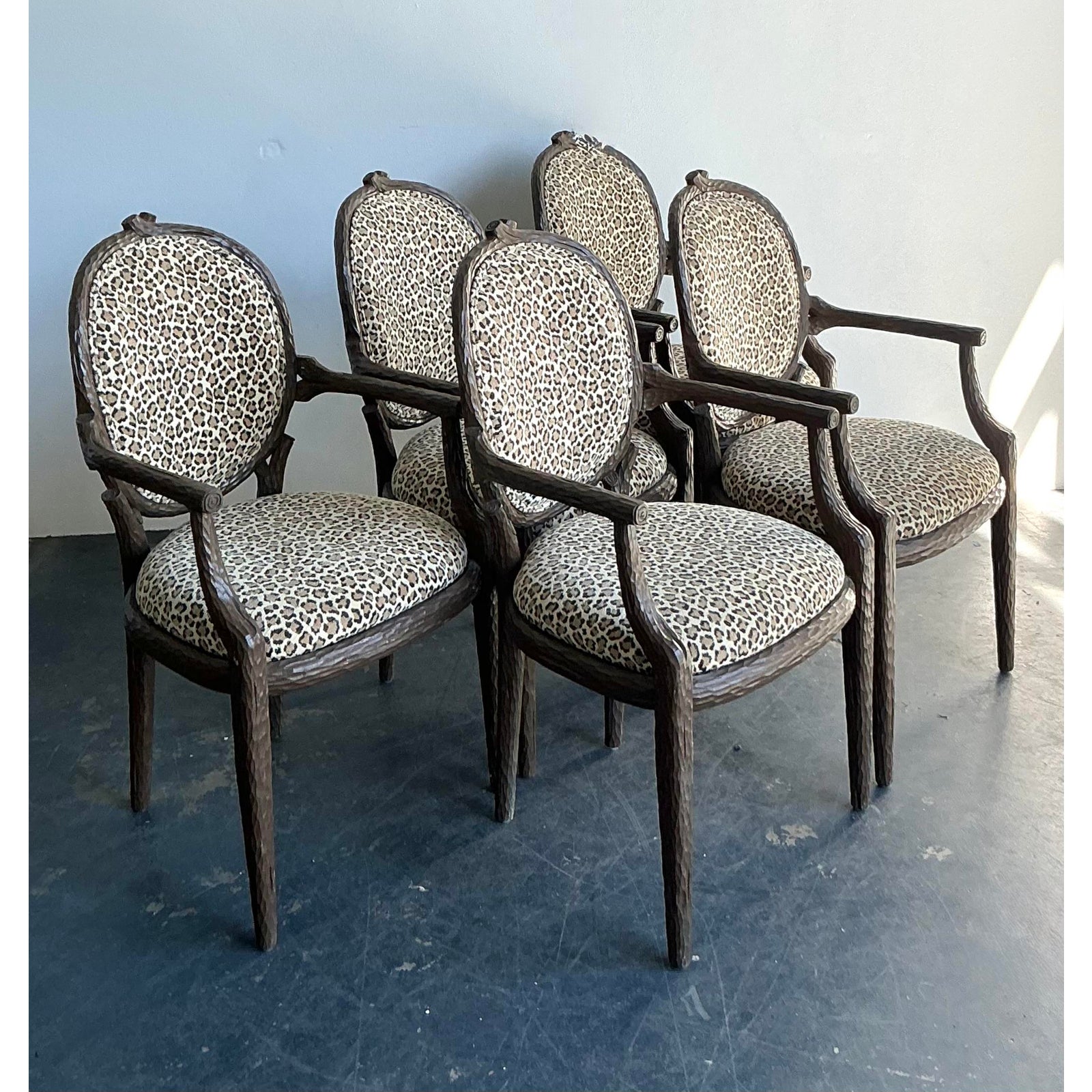 Vintage Boho Faux Bois Leopard Dining Chairs - Set of 5 - Back view