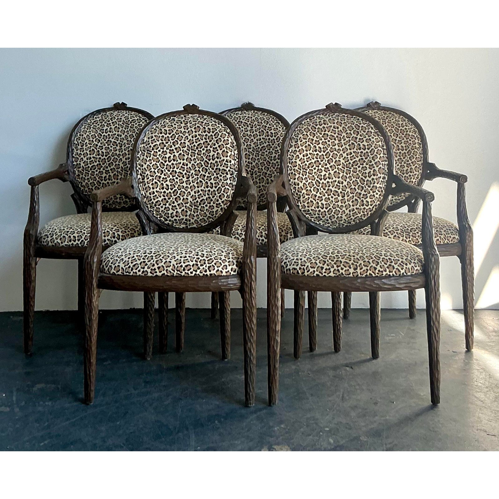 Vintage Boho Faux Bois Leopard Dining Chairs - Set of 5 - Detail view