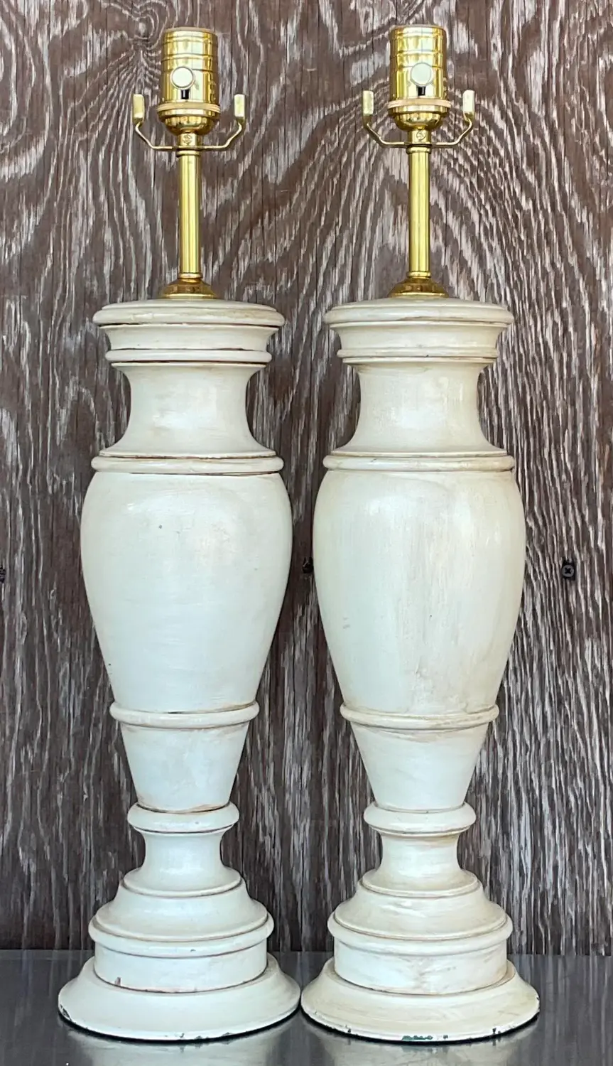 Vintage Boho Faux Finished Turned Wood Lamps- a Pair - Side view