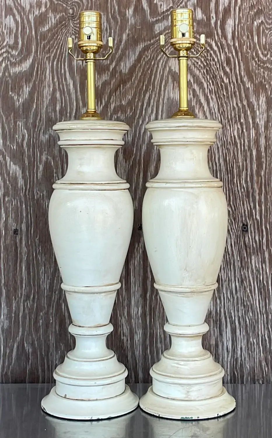 Vintage Boho Faux Finished Turned Wood Lamps- a Pair - Top view