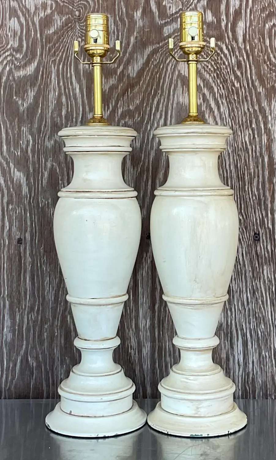 Vintage Boho Faux Finished Turned Wood Lamps- a Pair - Detail view