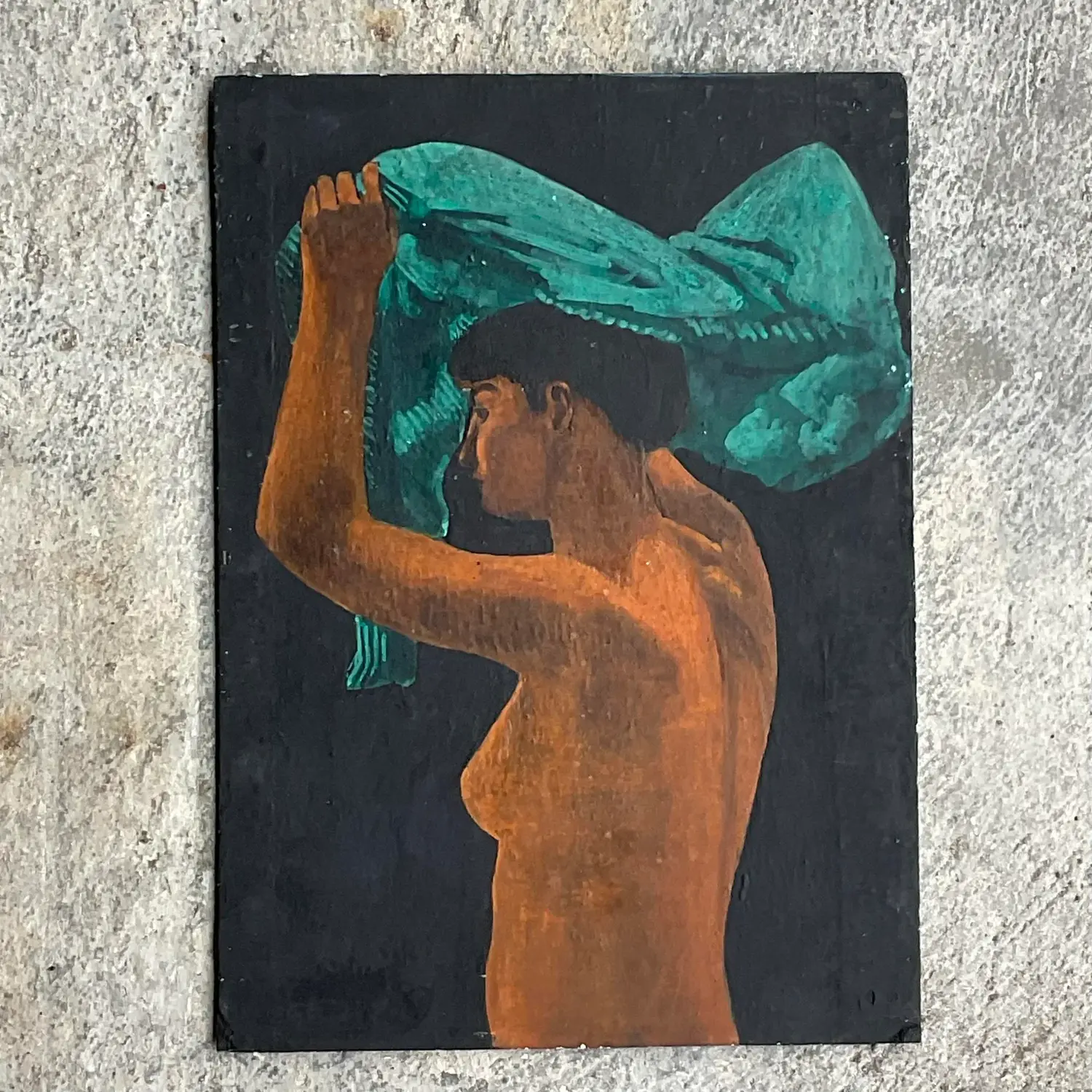 Vintage Boho Figural Oil Painting on Board - Side view