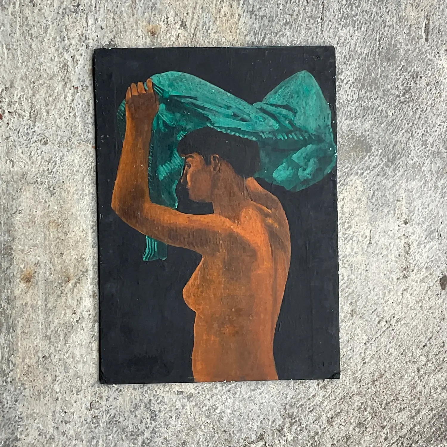 Vintage Boho Figural Oil Painting on Board - Top view
