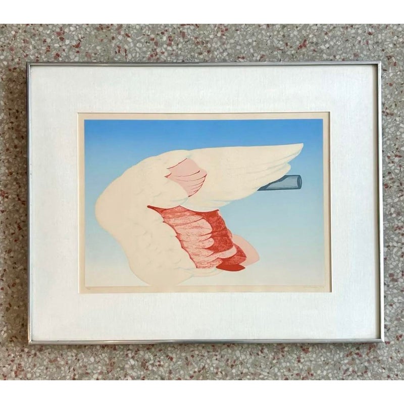 Vintage Boho Flamingo Wing Signed and Numbered 1972 Lithograph - Detail view