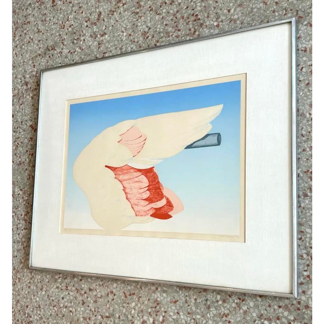 Vintage Boho Flamingo Wing Signed and Numbered 1972 Lithograph - Side view