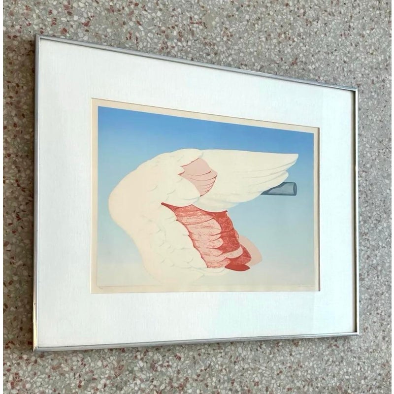 Vintage Boho Flamingo Wing Signed and Numbered 1972 Lithograph - Back view