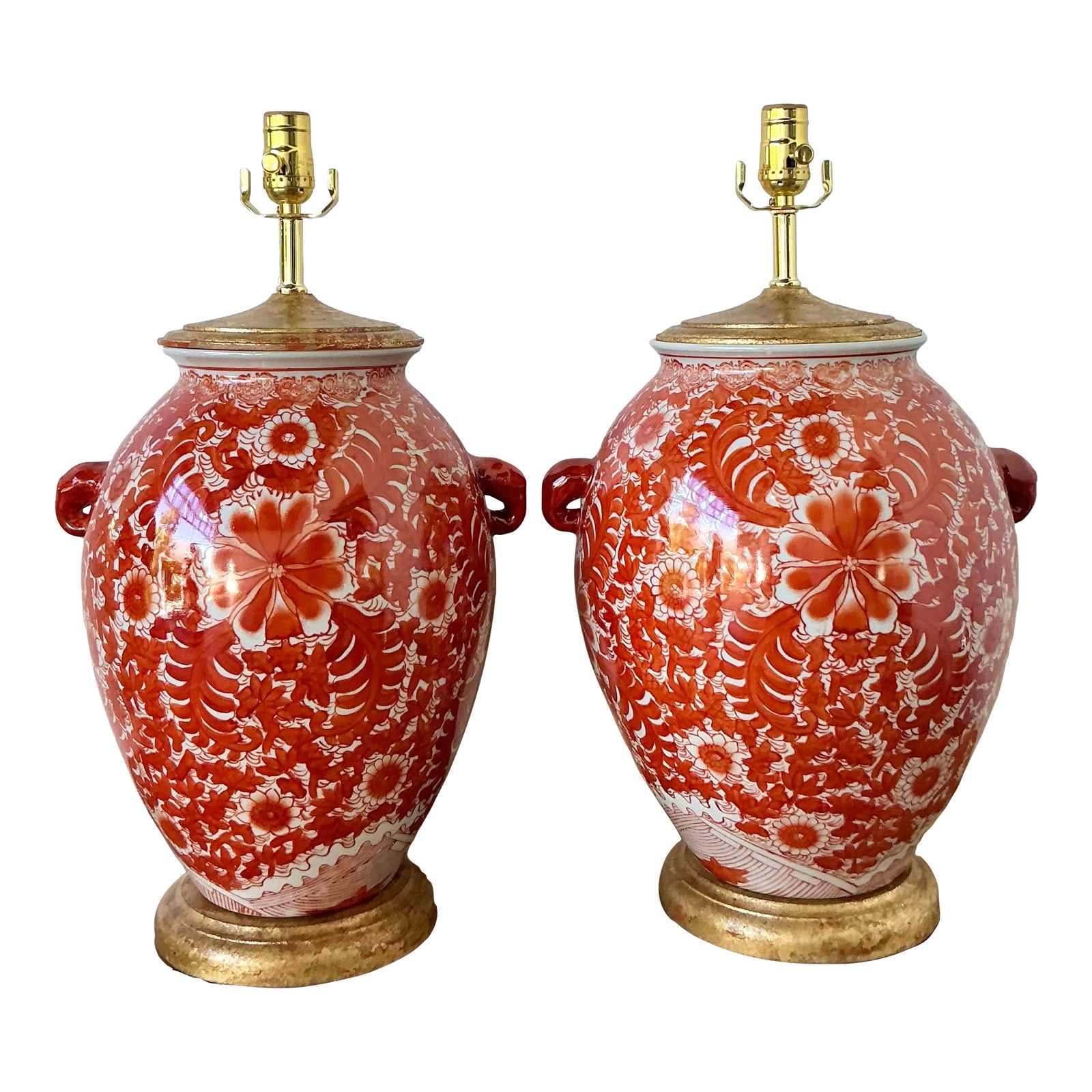 Vintage Boho Floral Glazed Ceramic Lamps - A Pair