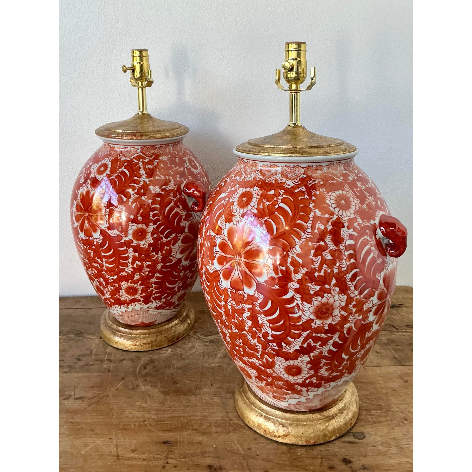 Vintage Boho Floral Glazed Ceramic Lamps - A Pair - Top view