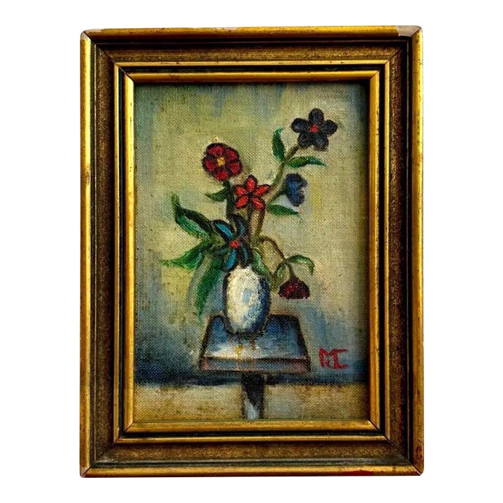 Vintage Boho Floral Oil Painting in Gold Frame