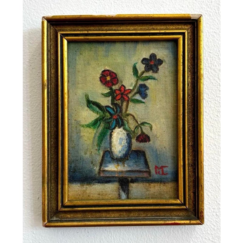 Vintage Boho Floral Oil Painting in Gold Frame - Detail view