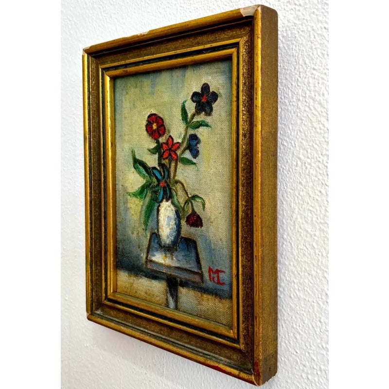 Vintage Boho Floral Oil Painting in Gold Frame - Back view