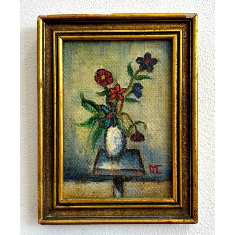 Vintage Boho Floral Oil Painting in Gold Frame - Side view