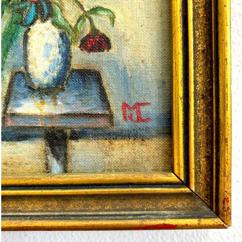 Vintage Boho Floral Oil Painting in Gold Frame - Top view