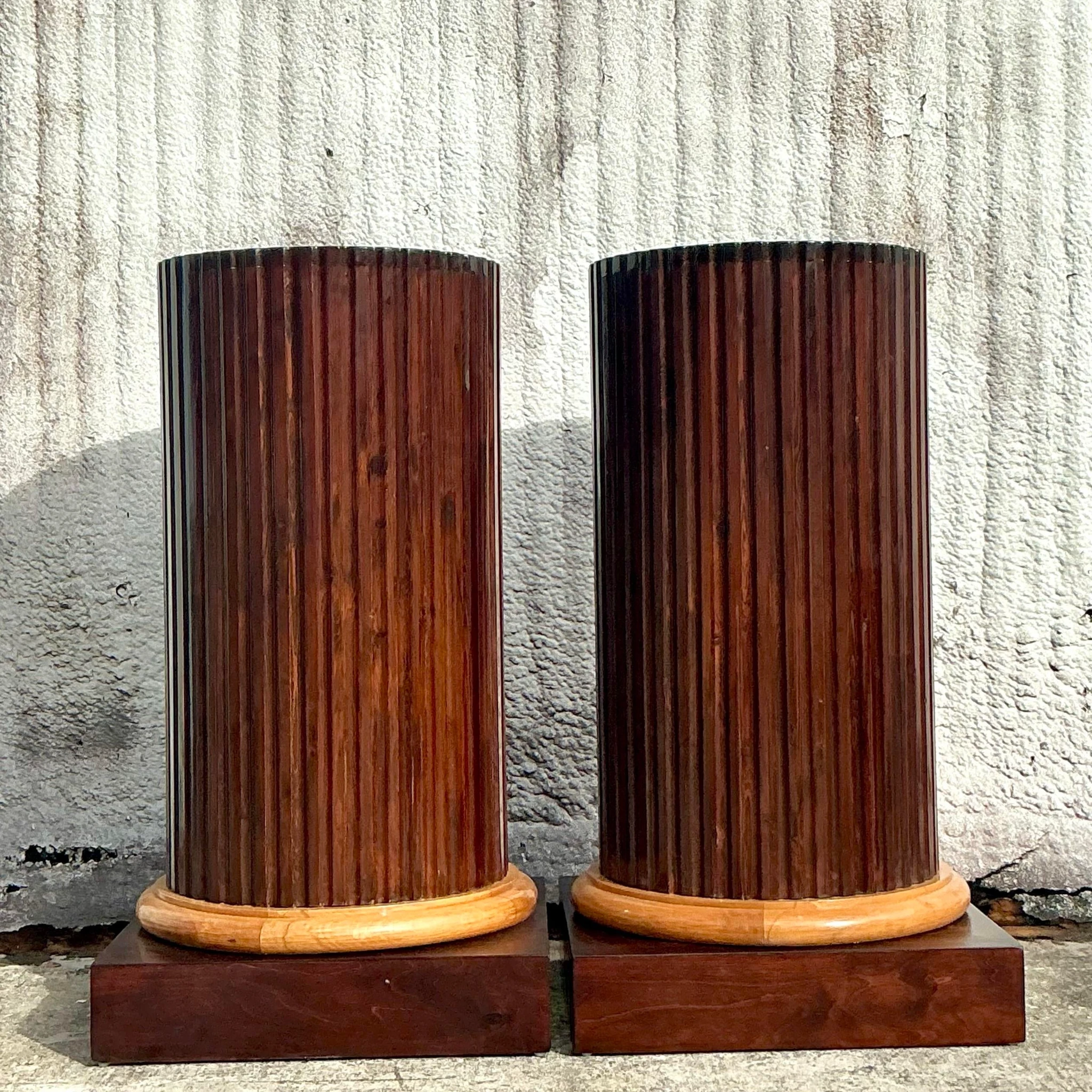 Vintage Boho Fluted Column Pedestals - a Pair - Side view