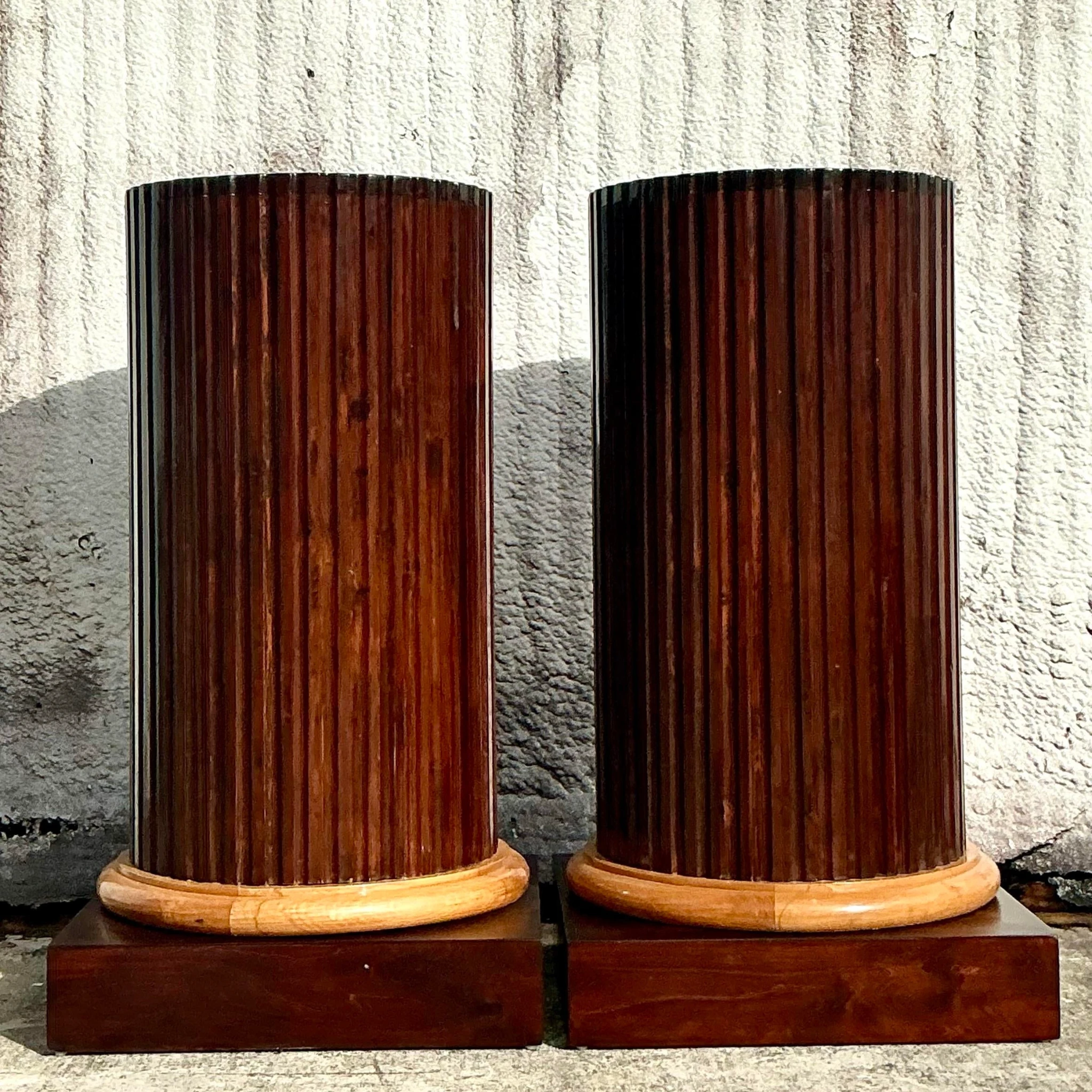Vintage Boho Fluted Column Pedestals - a Pair - Top view