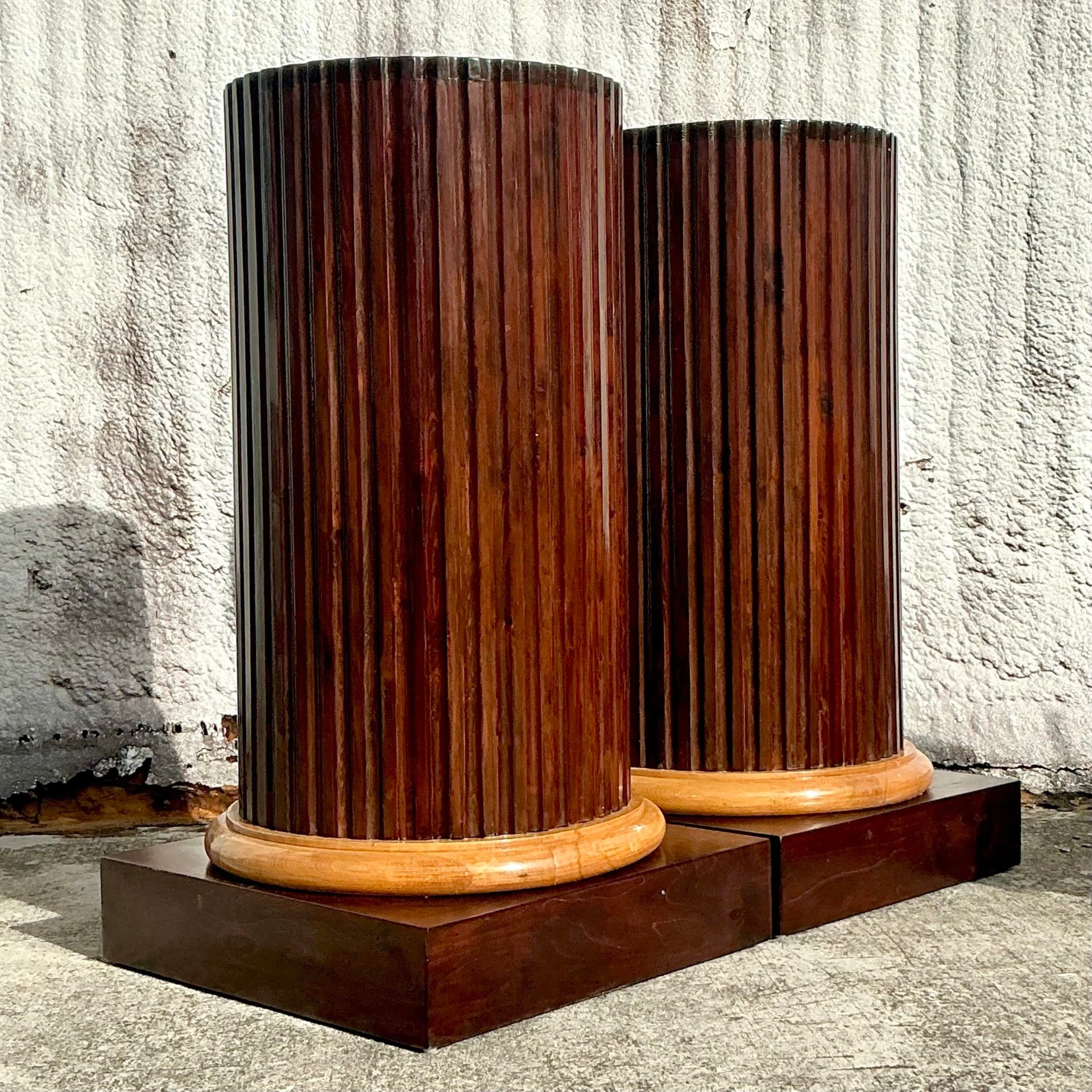 Vintage Boho Fluted Column Pedestals - a Pair - Back view
