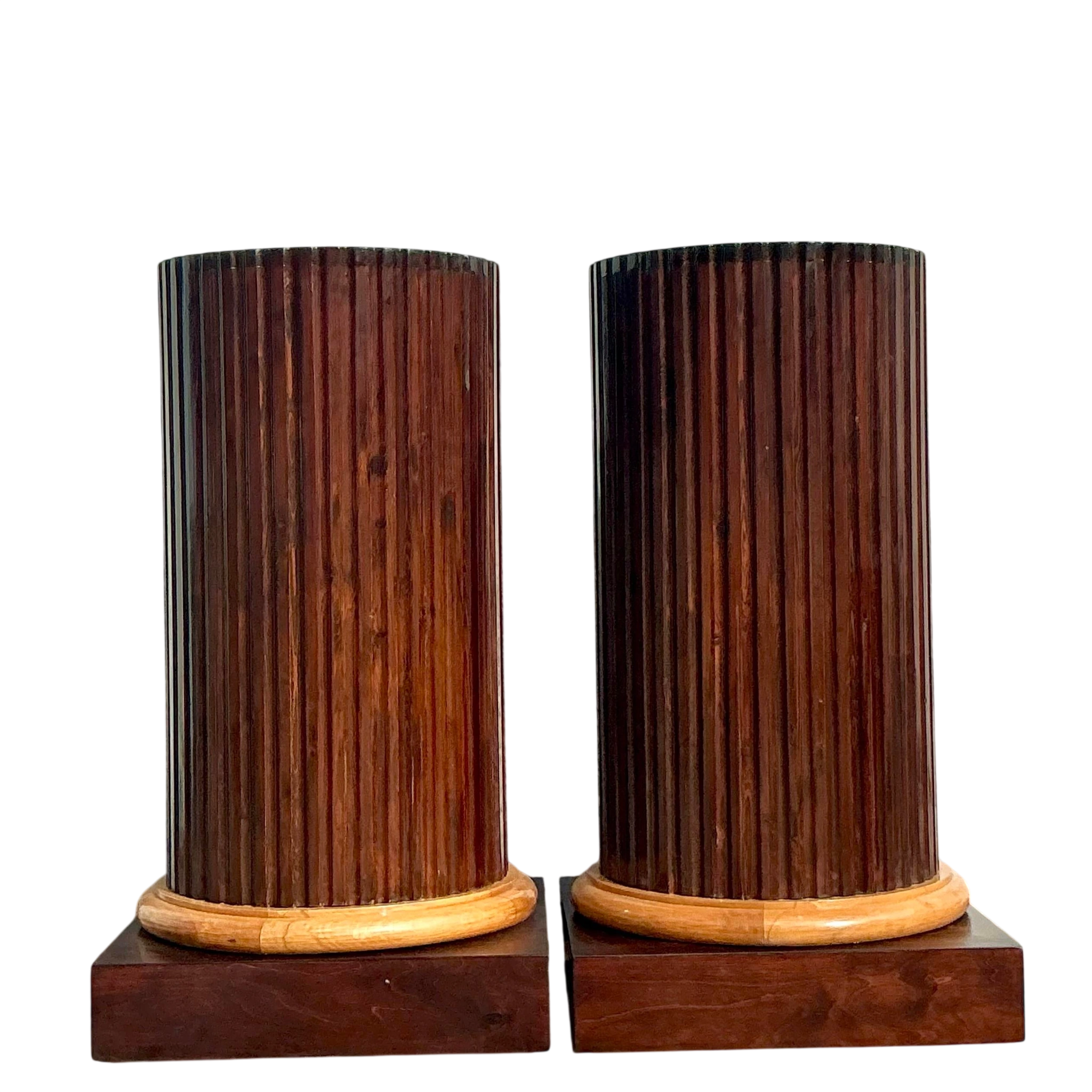 Vintage Boho Fluted Column Pedestals - a Pair - Detail view