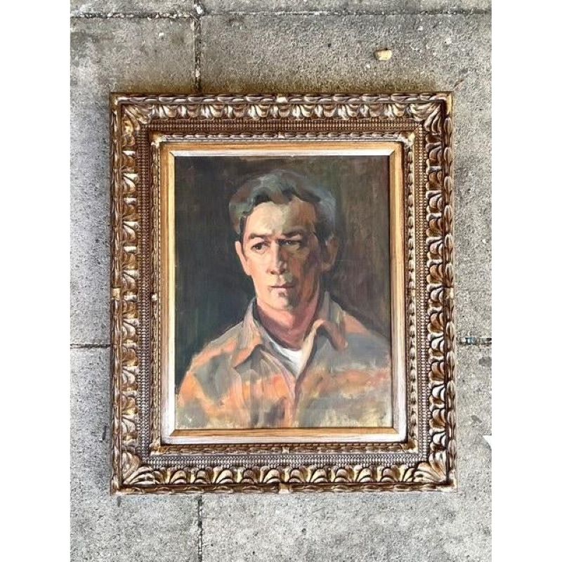 Vintage Boho Framed Original Portrait on Canvas - Top view