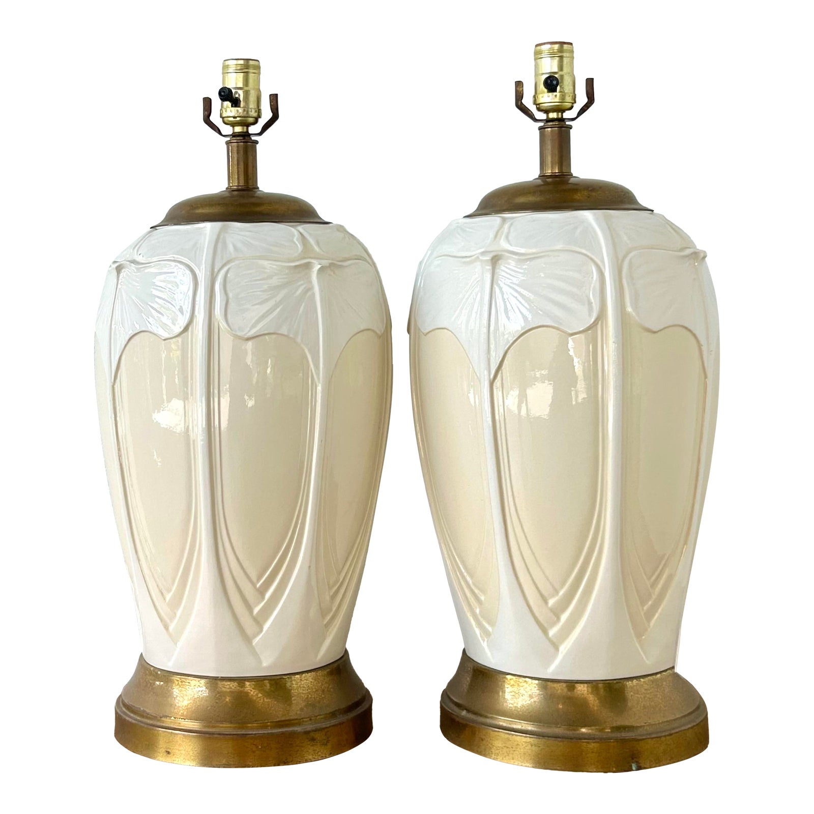 Vintage Boho Frederick Cooper Ginkgo Glazed Ceramic Lamps - A Pair