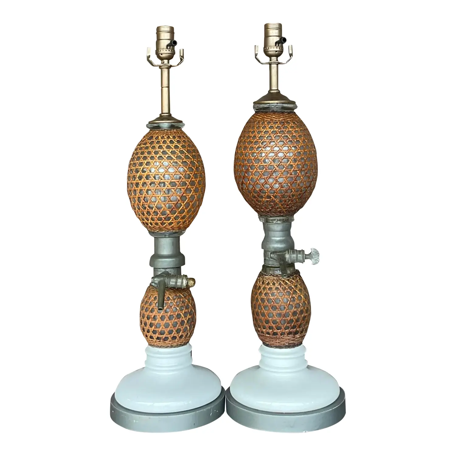 Vintage Boho French “Briet Brevete” Rattan and Glass Lamps - a Pair