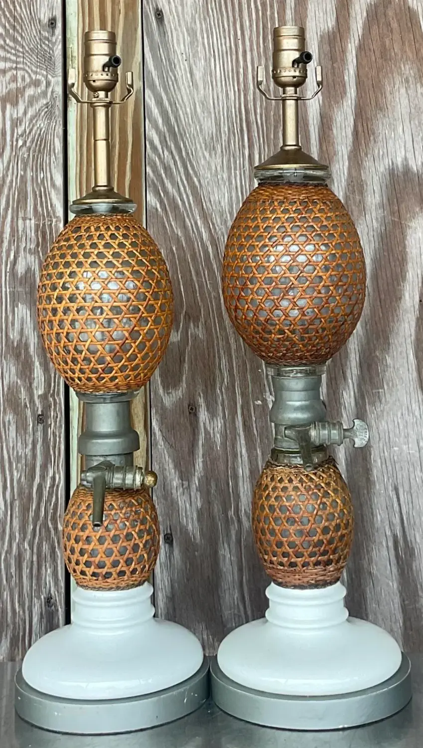Vintage Boho French “Briet Brevete” Rattan and Glass Lamps - a Pair - Back view