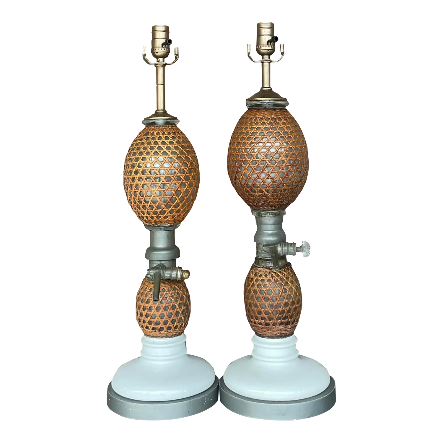 Vintage Boho French “Briet Brevete” Rattan and Glass Lamps - a Pair - Detail view