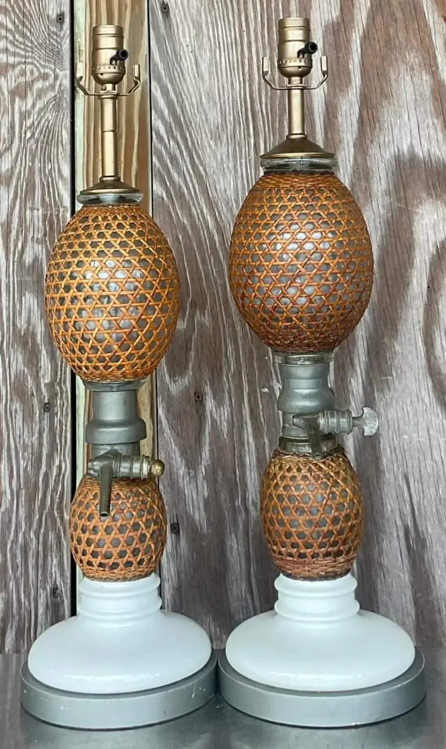 Vintage Boho French “Briet Brevete” Rattan and Glass Lamps - a Pair - Side view